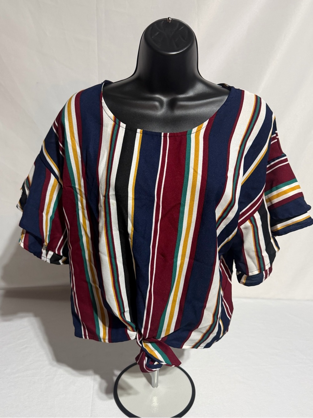 Indulge Striped Tie-Front Crop Top in Navy, Burgundy, White & Mustard Medium